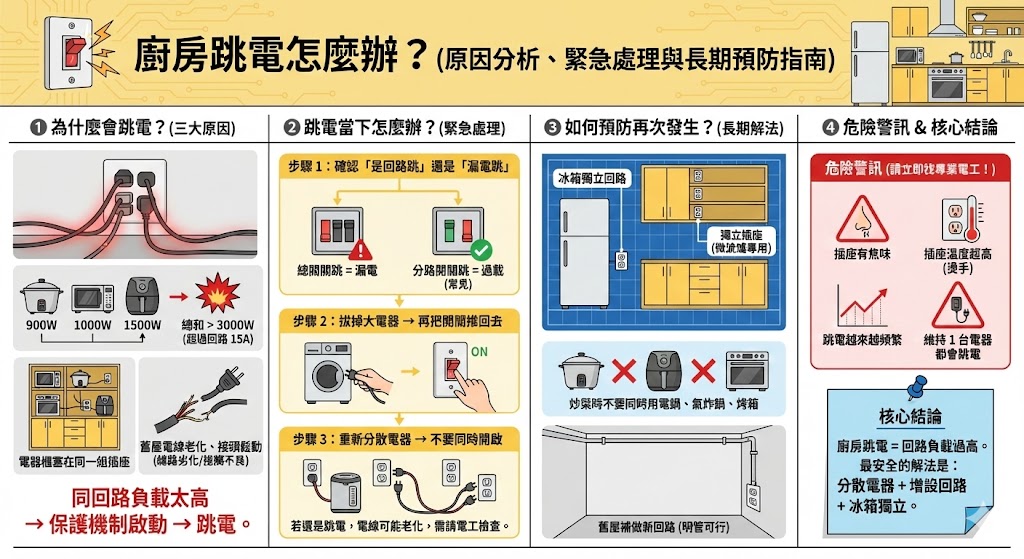 廚房配電盤跳電檢查與高功率電器示意圖