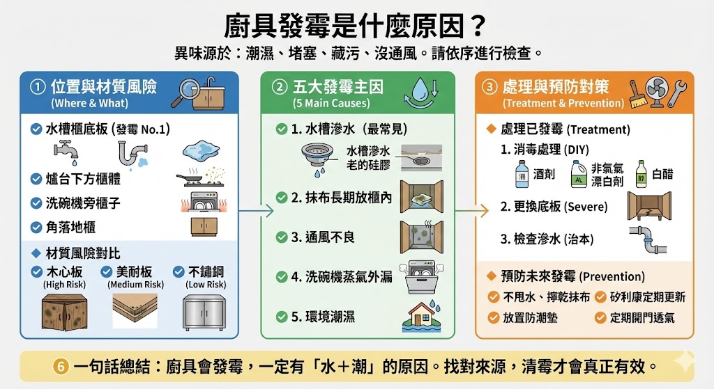 廚房水槽下方發霉與滲水檢查示意圖