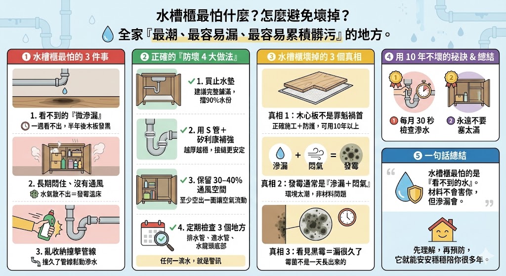水槽櫃內部發霉與滲水檢查示意圖