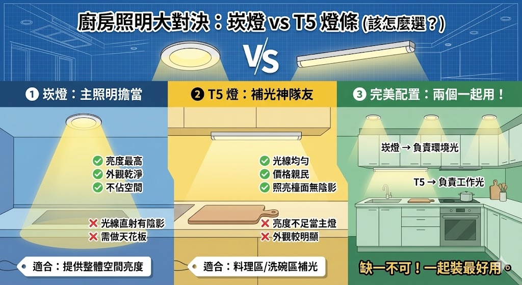 廚房崁燈與吊櫃下T5燈條照明示意圖