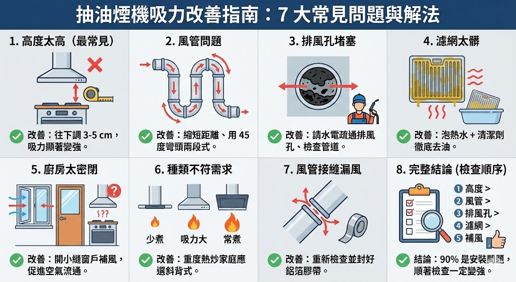 抽油煙機吸力改善教學：安裝高度與排風管示意圖