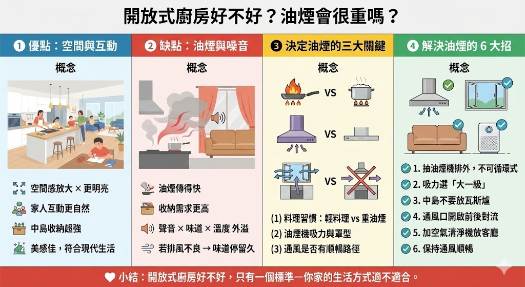 開放式廚房設計與中島油煙處理示意圖