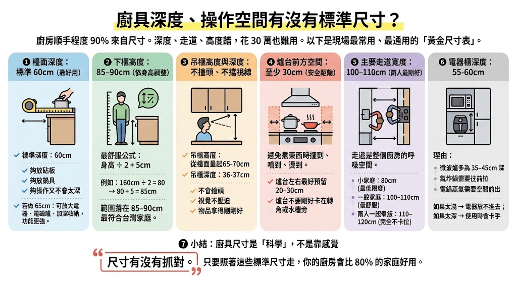 廚房流理台高度與走道寬度人體工學示意圖