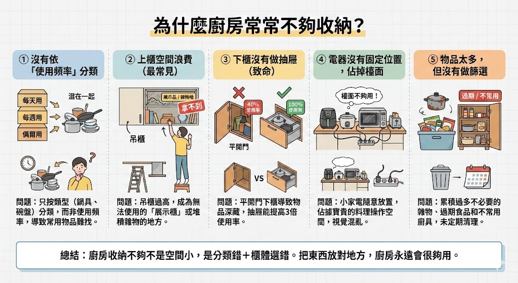 廚房收納不足原因分析與解決方案示意圖