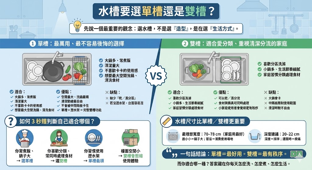 廚房大單槽與雙槽水槽功能比較示意圖