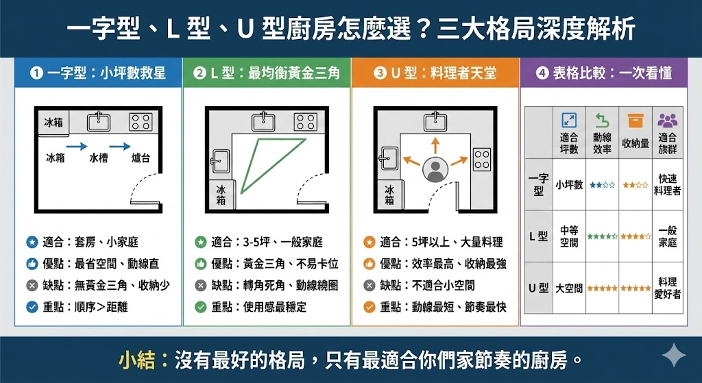 一字型與L型廚房格局動線比較示意圖