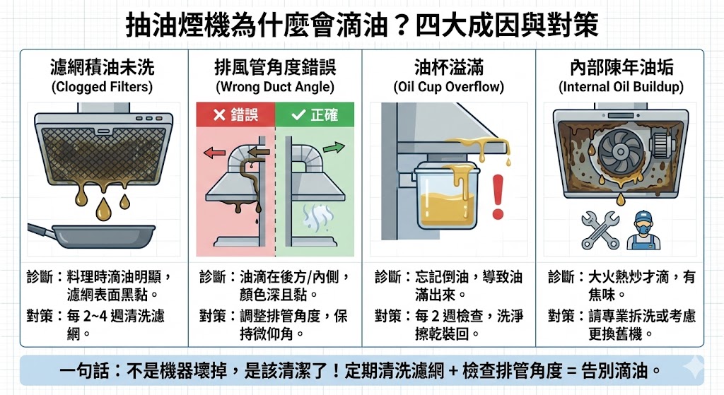 抽油煙機滴油原因檢查示意圖