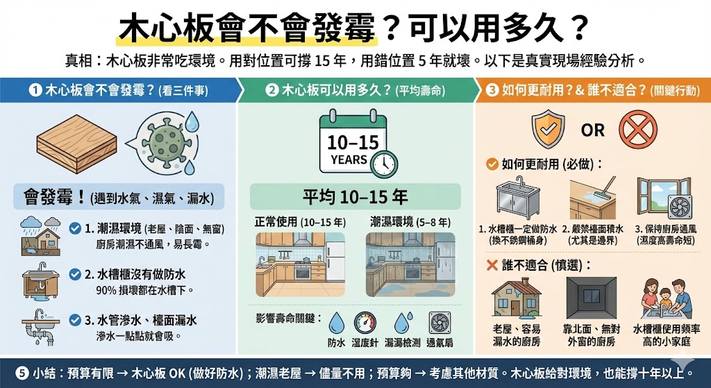 木心板廚具結構與防潮層示意圖