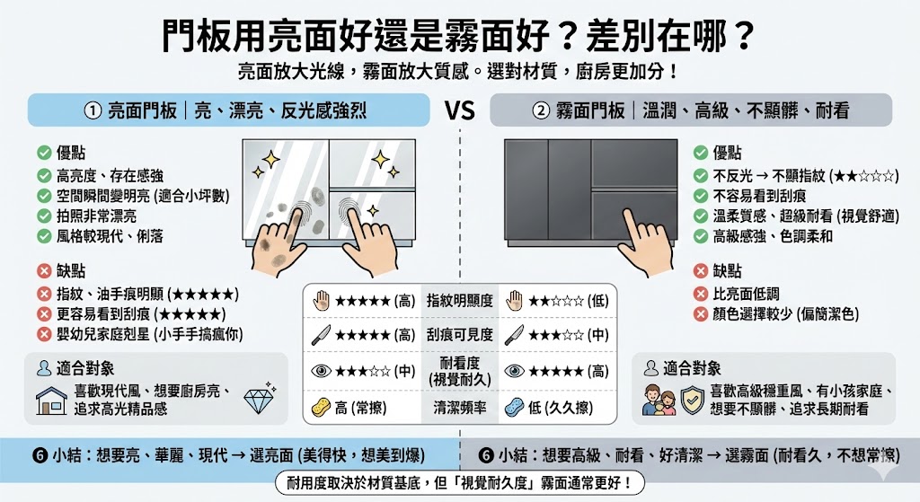 廚房亮面與霧面門板質感比較示意圖