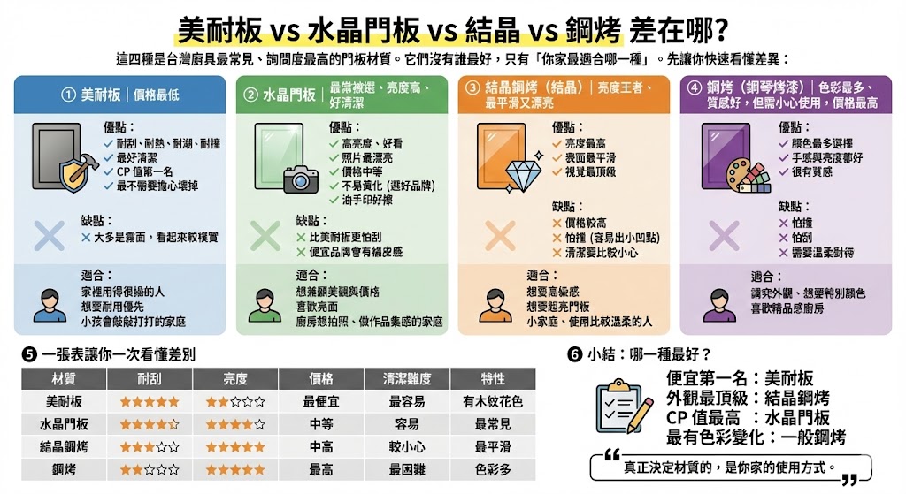 廚具門板材質質感比較示意圖