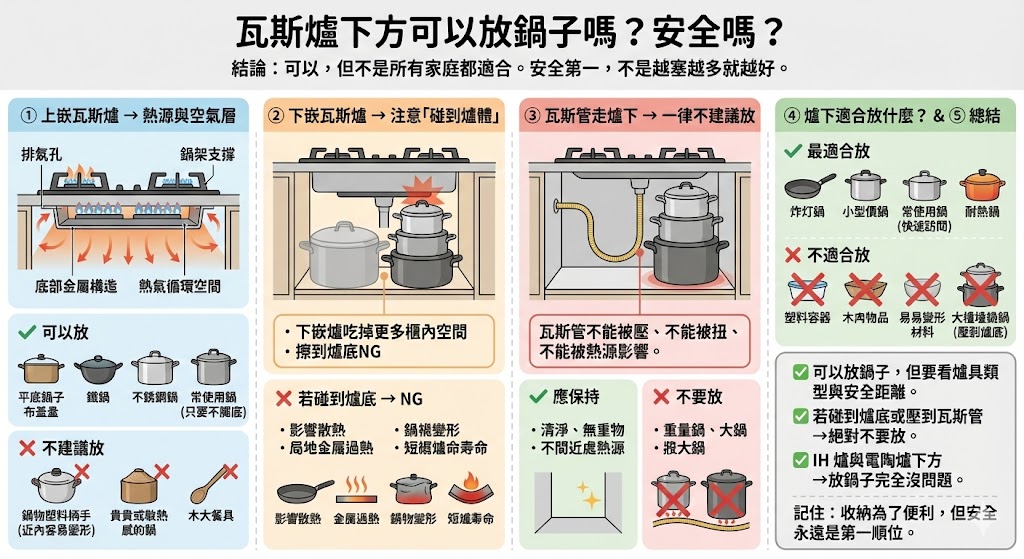 瓦斯爐下方抽屜與鍋具收納示意圖