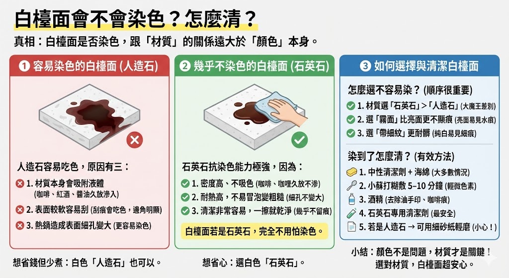 白色石英石與人造石檯面抗污測試示意圖
