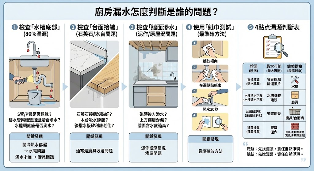 廚房漏水檢查示意圖-水槽底部與管線接頭
