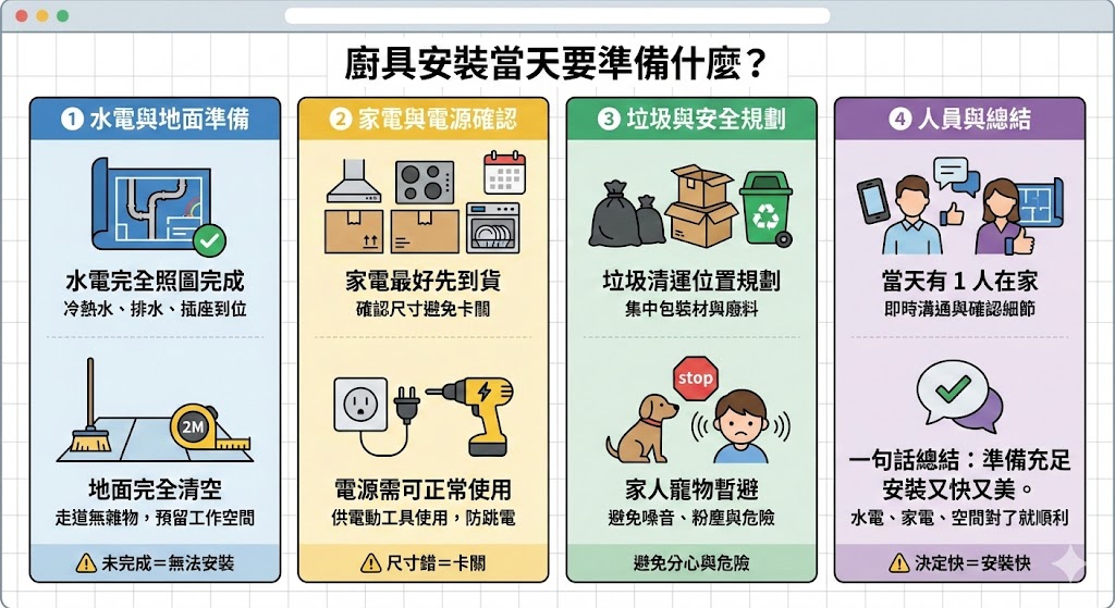 廚具安裝現場施工與動線準備示意圖
