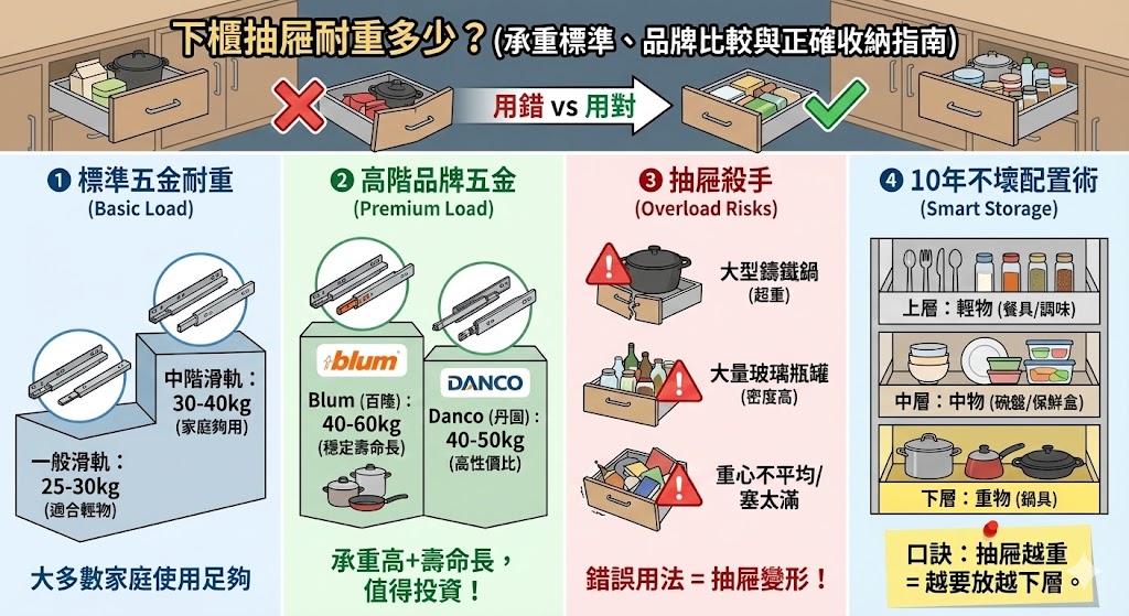廚房抽屜滑軌結構與耐重測試示意圖