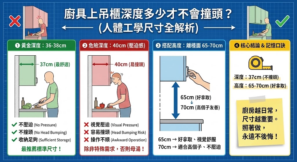廚房吊櫃深度與高度人體工學示意圖