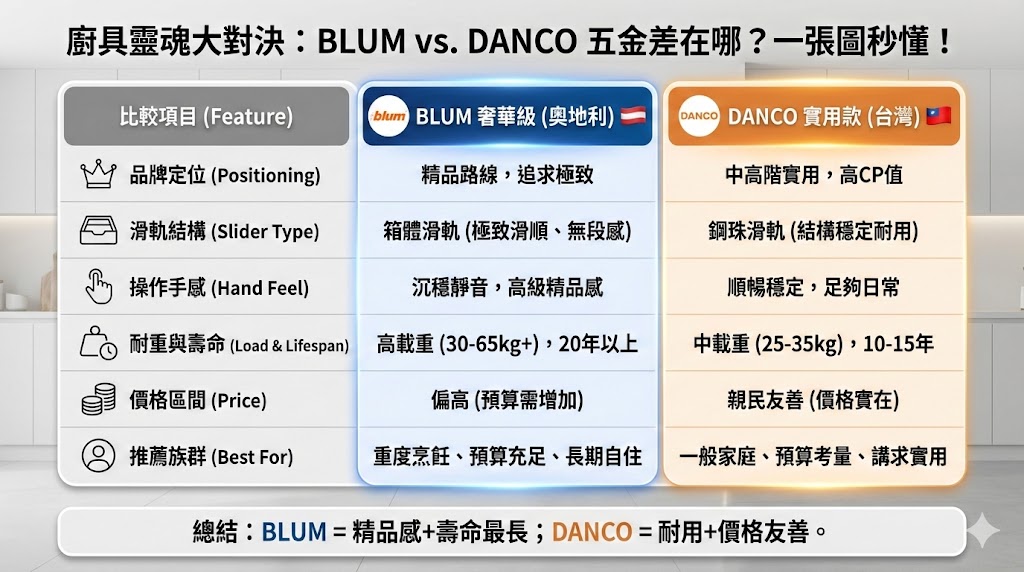 BLUM與DANCO五金滑軌結構比較圖