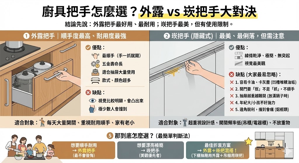 廚具外露把手與隱藏崁把手比較示意圖