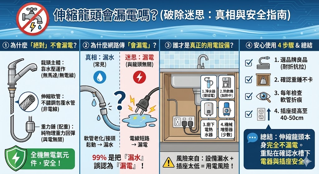 伸縮龍頭內部結構與軟管示意圖