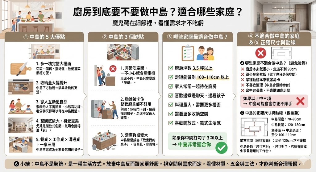開放式廚房中島設計與家人互動情境示意圖