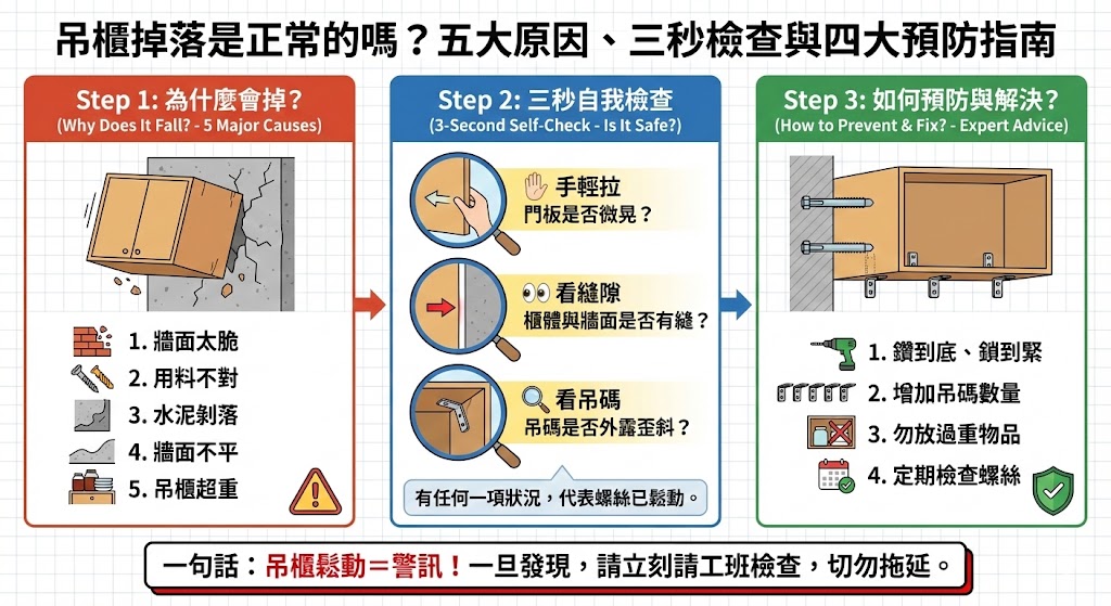 廚房吊櫃掉落原因分析與加固示意圖