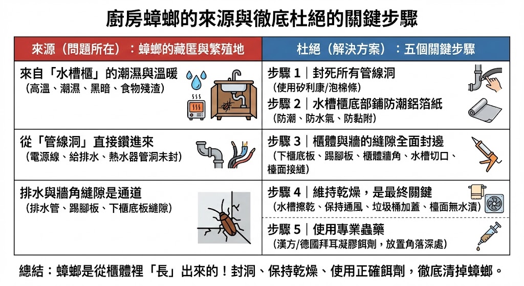 廚房管線縫隙與蟑螂入侵路徑示意圖