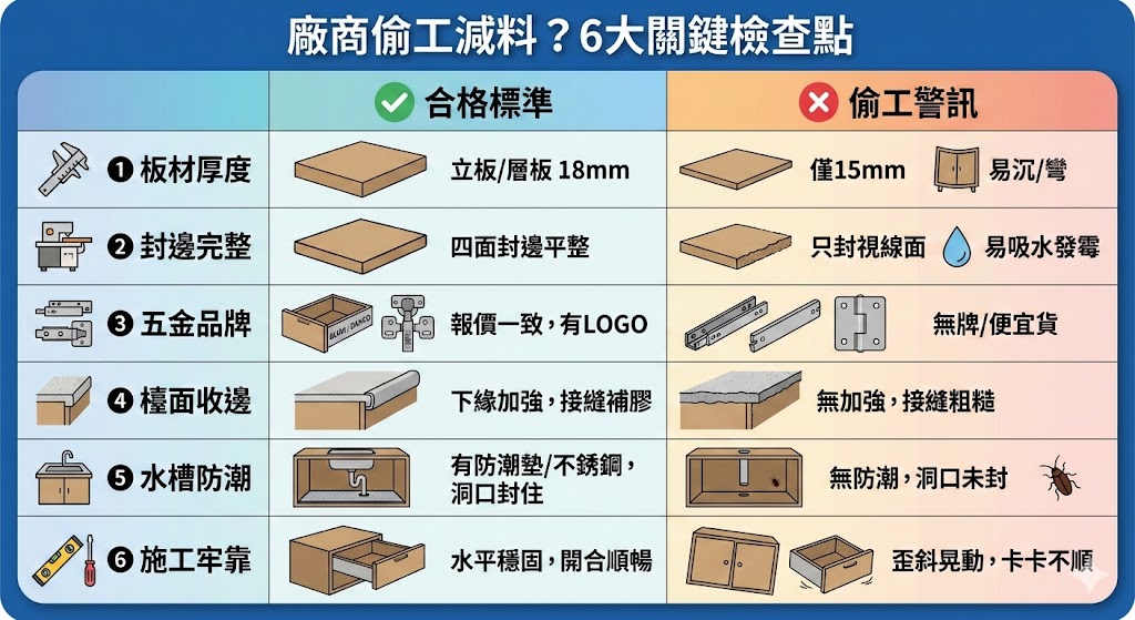 廚具驗收檢查重點示意圖-板材厚度五金品牌封邊細節