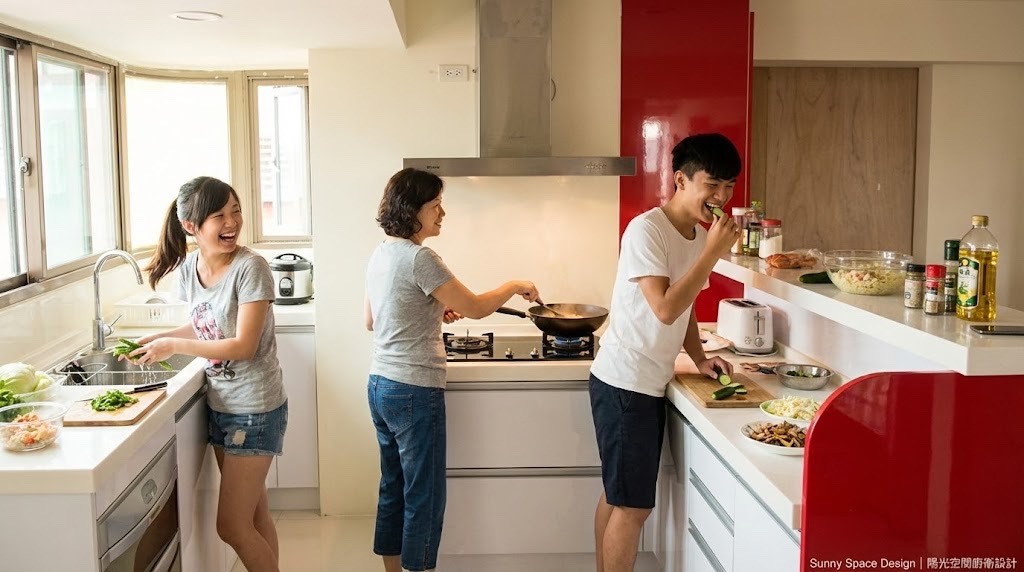 外凸吧台 × 雙料理檯 × 紅白跳色 × 人造石圓弧 × 高櫃鞋櫃｜桃園建國路｜陽光空間精品廚具