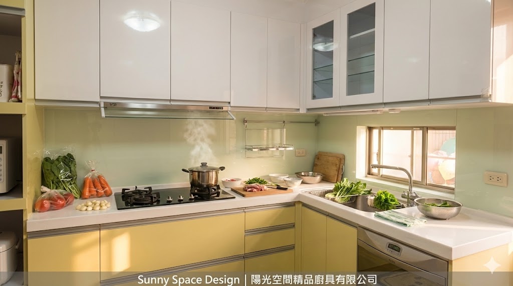新竹L型跳色廚具上白下黃設計完工照