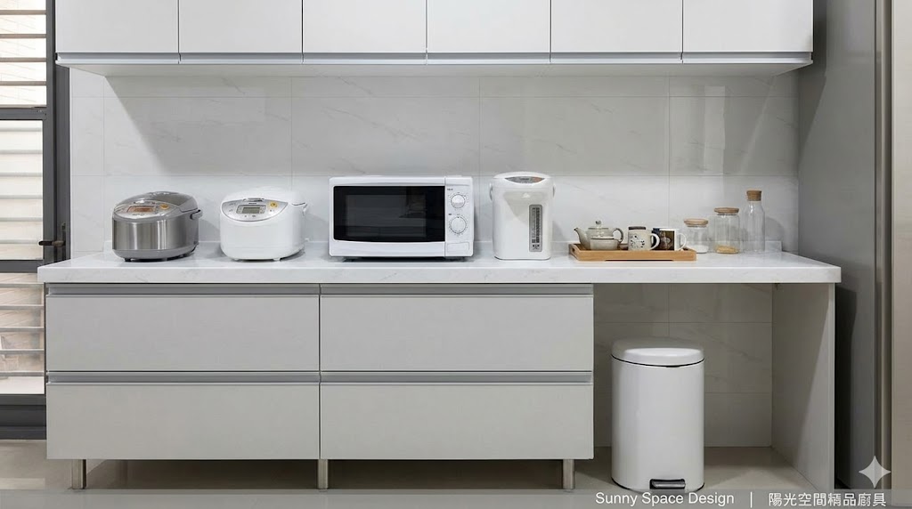 板橋合宜路白色極簡餐櫃電鍋電子鍋微波爐茶水區配置