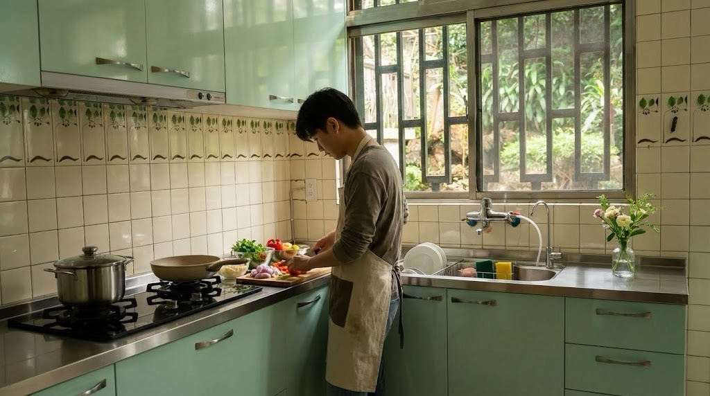 北投公館路L型廚具 森活感水晶門板D027 不鏽鋼檯面｜陽光空間精品廚具