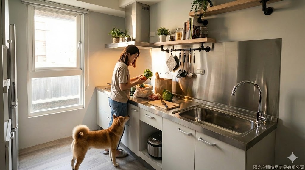 新莊微工業風一字型廚房不銹鋼檯面完工照