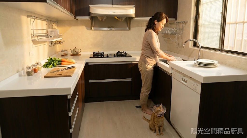 野柳深木紋ㄇ字型廚房段差檯面完工照