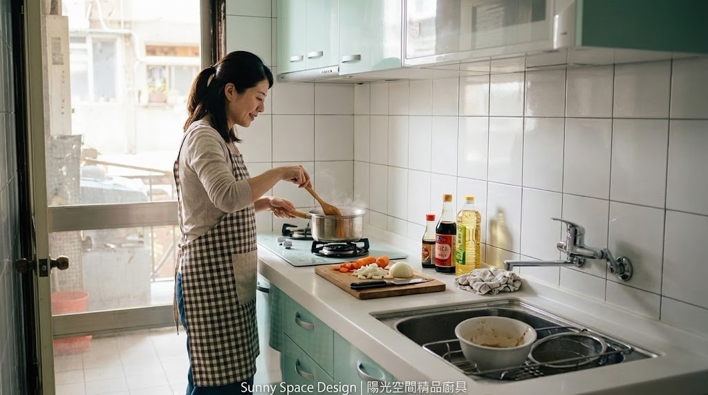 台北內湖老屋翻新一字型廚具 × 天花板降板管線整合｜陽光空間精品廚具