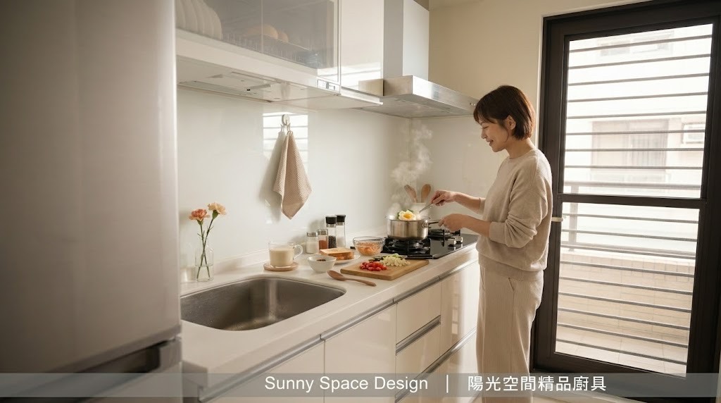 中山北路一段鈦晶門板小廚房 × 韓國人造石 × G 型鋁把手｜陽光空間精品廚具