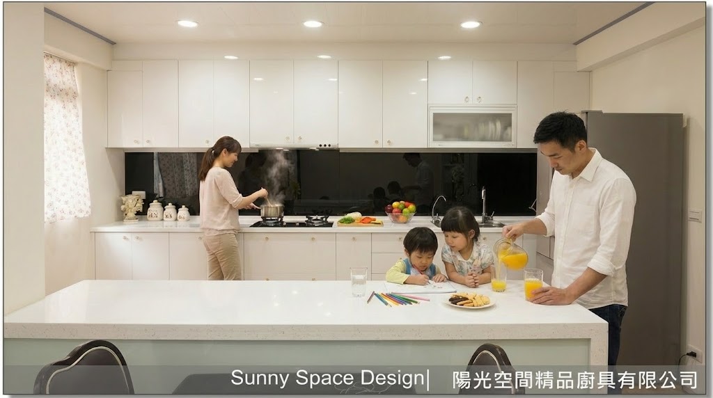 新北中和開放式中島廚房 白色一字型439cm與黑色烤漆玻璃全景