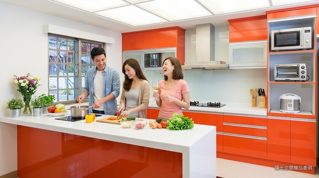 大湖山莊豪宅級ㄇ字型廚具 × 鮮豔橘結晶鋼烤 × 中島設計