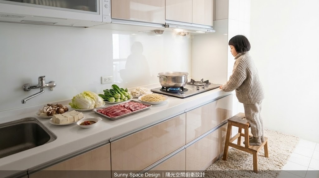淡水北新路木紋水晶門板廚房 × 台灣石檯面 × 豪山三機｜陽光空間精品廚具