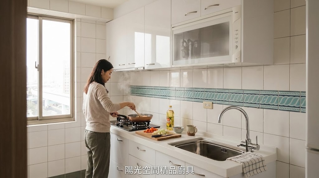 板橋館前西路純白一字型廚具 × 新婚小宅設計 × 人造石檯面｜陽光空間精品廚具