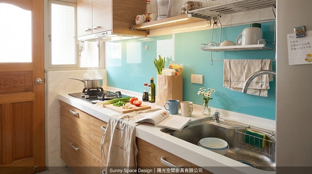台北信義路六段仿實木溫暖小廚房 × 美耐木紋 × 藍綠烤漆玻璃｜陽光空間精品廚具