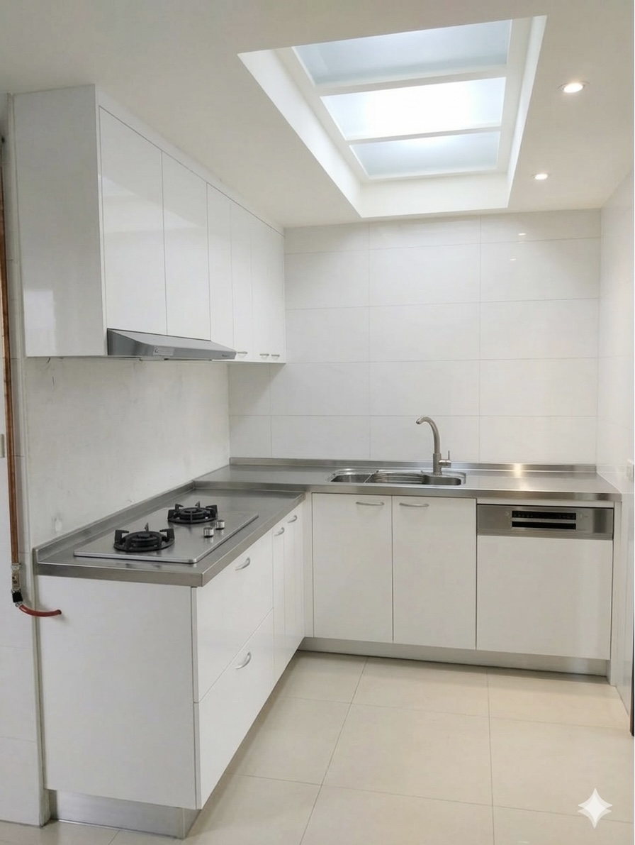 整體明亮安定 樹林區L型廚房 高低差檯面不鏽鋼廚具 完工實景