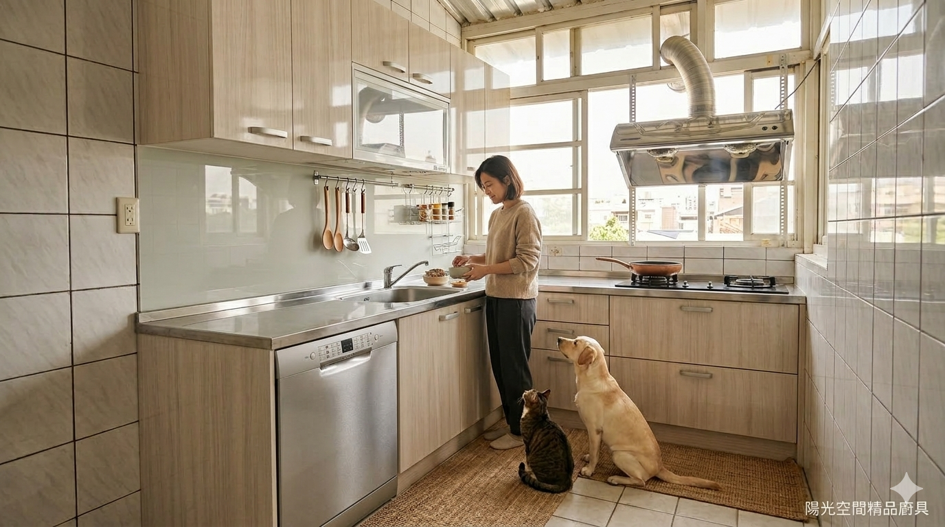 板橋L型廚房淺木紋風格 304不鏽鋼檯面 水晶門板