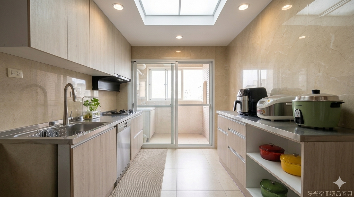 桃園蘆竹區雙排型廚具 淺木紋門板 304不鏽鋼檯面 洗碗機整合