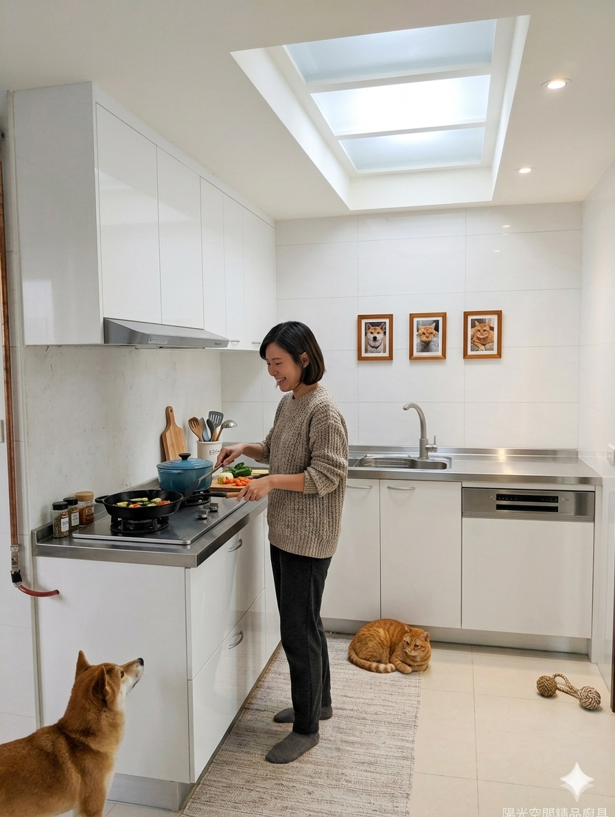 樹林區L型廚房 白色簡約風格 不鏽鋼廚具 完工全景