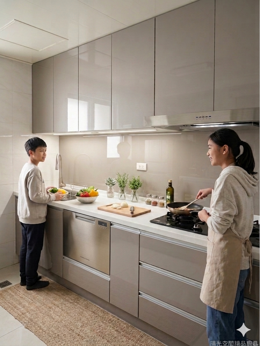 樹林大安路一字型廚房 暖灰色水晶門板 洗碗機預留 韓國人造石檯面