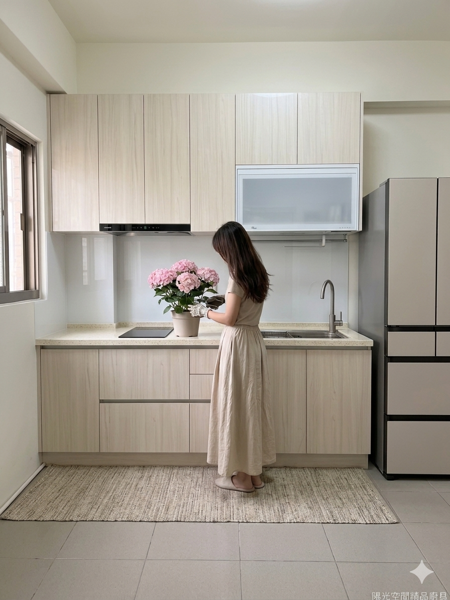 三重文化北路 一字型廚具 淺木紋門板 韓國人造石檯面 單口IH爐