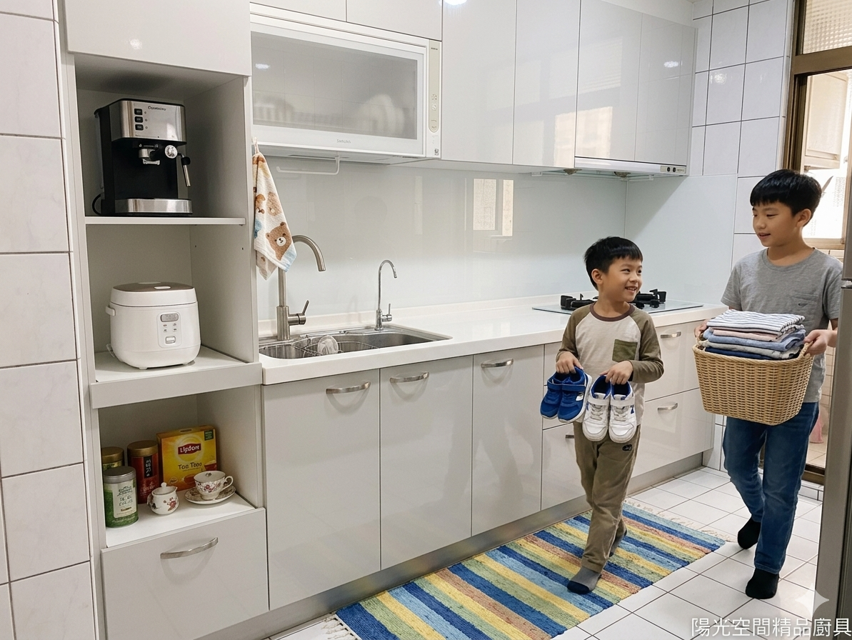 三峽介壽路 一字型廚具 45cm電器櫃 淺灰結晶鋼烤門板 石英石檯面