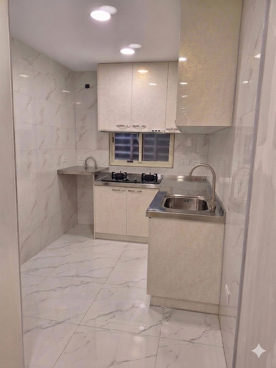 新北市L型廚房 米白色完工全景 雙口爐與304不鏽鋼檯面