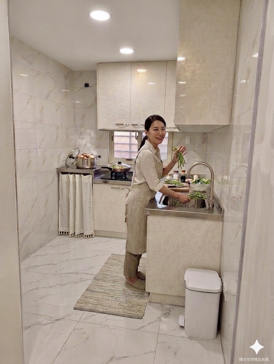 新北市L型廚房 米白色完工全景 雙口爐與304不鏽鋼檯面