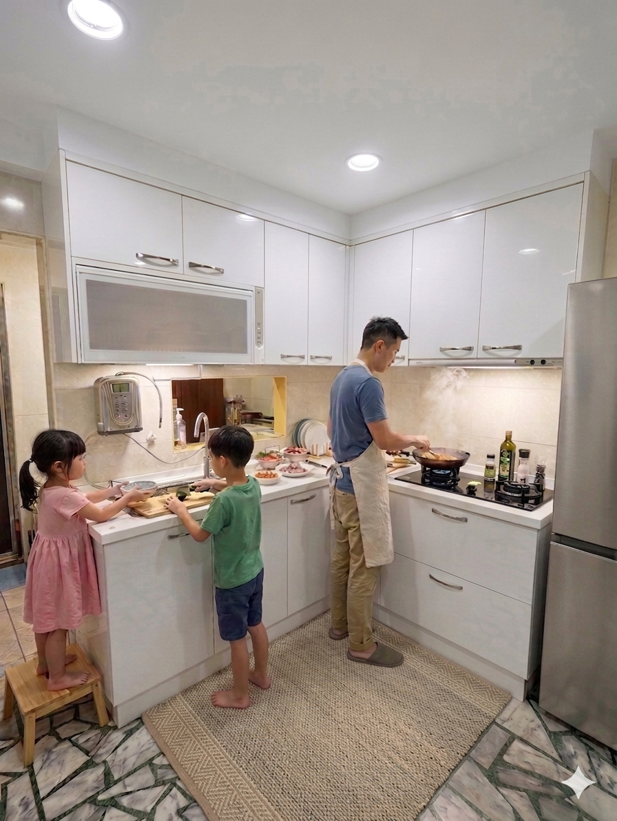 新莊豐年街 L型廚房 韓國人造石檯面 白色水晶門板